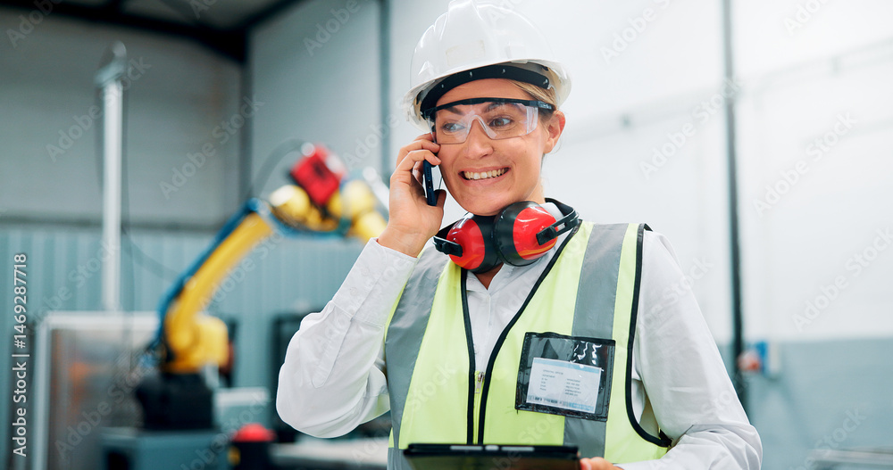 Poster phone call, engineer and woman with smile, talking and communication with contact for robotics in fa