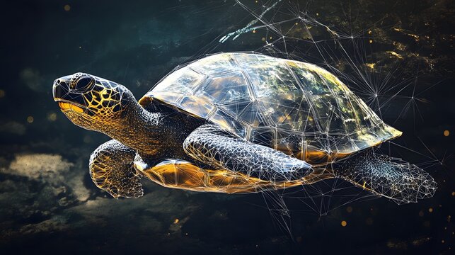 Turtle Shell in Dots: A turtle slowly moving, with its shell's intricate patterns represented by geometric dots and lines, highlighting the texture. 
