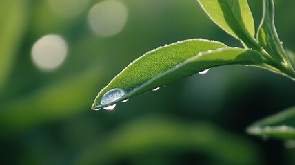 Close Up Water Droplets on Green Leaf with Bokeh Background