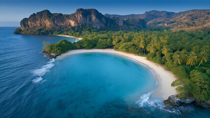 Obraz premium Serene Coastal Panorama: A tranquil aerial view of a secluded cove with turquoise waters, pristine sand, and verdant cliffs, showcasing the untouched beauty of nature.