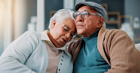 Senior couple, hug and sad in home with love, support and comfort in retirement relationship. Elderly man, thinking and care for wife with loss, grief and emotional moment in marriage with consoling