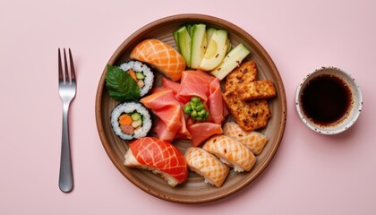 Assorted Sushi and Sashimi Platter with Fresh Seafood and Colorful Vegetables on a Pink Background