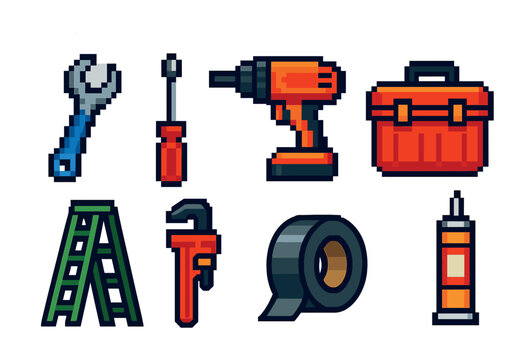 Construction tools pixel art icons set – filled, repair, maintenance symbols