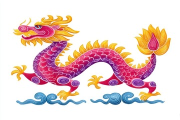 Vibrant Chinese Dragon Illustration - A colorful illustration of a Chinese dragon, depicted in shades of pink, purple, and gold, with blue stylized clouds below