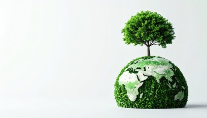 A globe covered in lush greenery, topped with a vibrant tree, symbolizes environmental awareness and sustainability