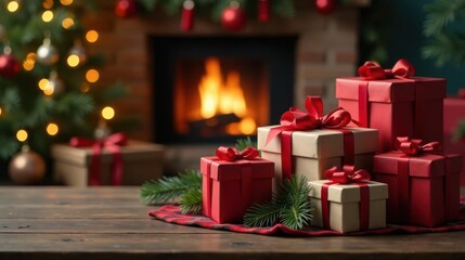 Cozy Winter Scene Featuring Festive Presents by a Fireplace and Decorated Tree
