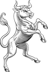 A bull in a heraldry coat of arms crest heraldic style rearing, standing rampant on its hind legs.