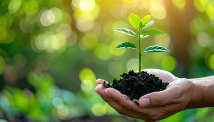 A hand holds a small plant in soil, symbolizing growth and nurturing in a vibrant, green environment filled with soft, glowing light