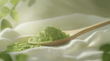 Vibrant Green Matcha Powder on Wooden Spoon, Healthy Ingredient powder ingredient healthy green tea