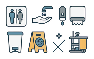 Public restroom and cleaning icons set – solid, hygiene, sanitation symbols