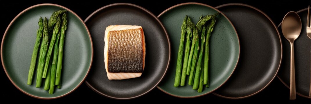 Gourmet grilled salmon atop fresh green asparagus arranged elegantly on textured plates showcasing modern culinary artistry and exquisite presentation captured with clarity