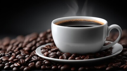 Fototapeta premium Aromatic Hot Coffee in White Cup on Roasted Beans Perfect for Breakfast or a Relaxing Break
