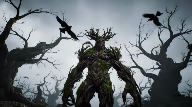 Powerful Tree Guardian Standing in Dark Haunted Forest with Flying Birds