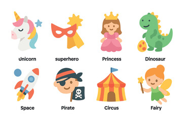 Fototapeta premium Fantasy and adventure flat icons set – fairy tale, superhero, playful graphics