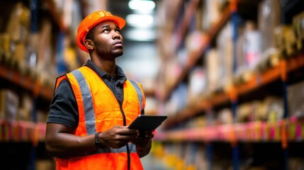 A Focused Warehouse Worker Uses Tablet Technology in a Busy Distribution Center He's wearing a safety vest and hardhat