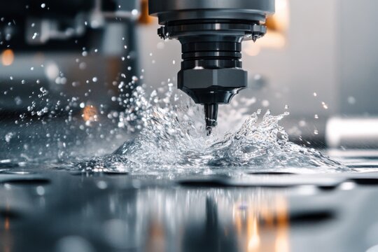 Precision metal cutting machine in action. Water coolant spray