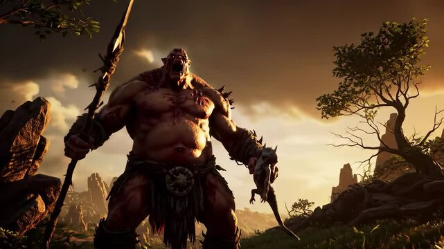 Powerful Fantasy Ogre Warrior Holding Weapon