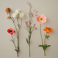Fototapeta premium Collection of various flowers in different colors and types arranged in aesthetic minimalist style on a white background