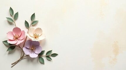 Fototapeta premium Delicate Paper Flowers Arranged on a Soft Textured Background with Ample Copy Space for Your Message