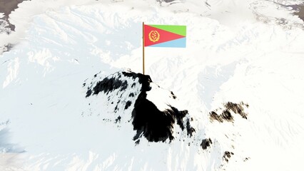 3D rendering of Eritrea's national flag, featuring a red isosceles triangle with a golden olive branch and wreath, dividing green and blue triangles, gracefully waving atop a snow-covered mountain pea