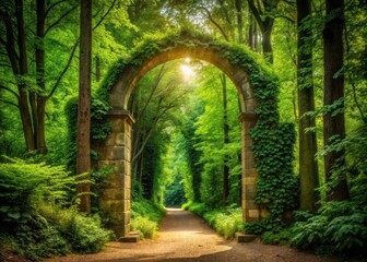 Fototapeta premium Archway into lush green forest with towering trees and vibrant foliage