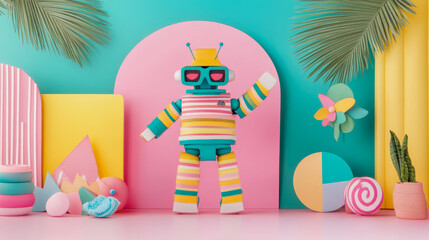 Obraz premium Playful Summer: Retro Toy Robot with Geometric Elements and Palm Fronds, Design for Print, Card