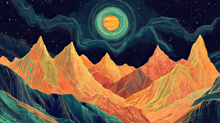 Colorful mountains under a night sky. Orange sun AI generative
