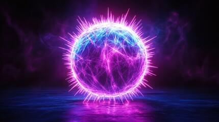 Obraz premium Glowing sphere of vibrant pink and blue light, emitting energy, with radiating lines, surrounded by smoke and a dark reflective surface