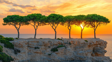 Naklejka premium Sunset over coastal cliffs with pine trees