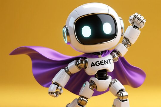 Cute Agent Robot With Purple Cape Posing On Yellow Background