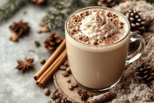 Cup of hot chocolate topped with whipped cream and cinnamon.