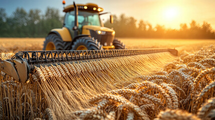 Fototapeta premium Tractor harvesting wheat in a golden field during a sunny day agricultural landscape