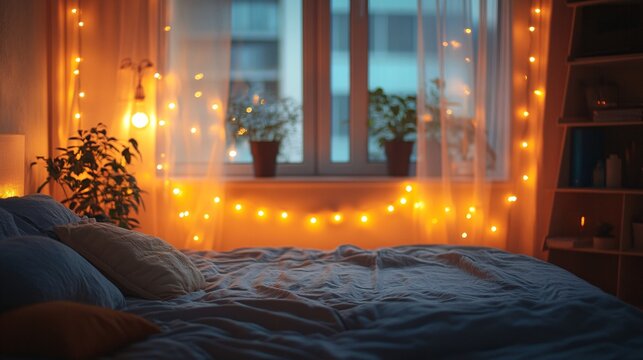 ambient string lights in a dreamy bedroom background