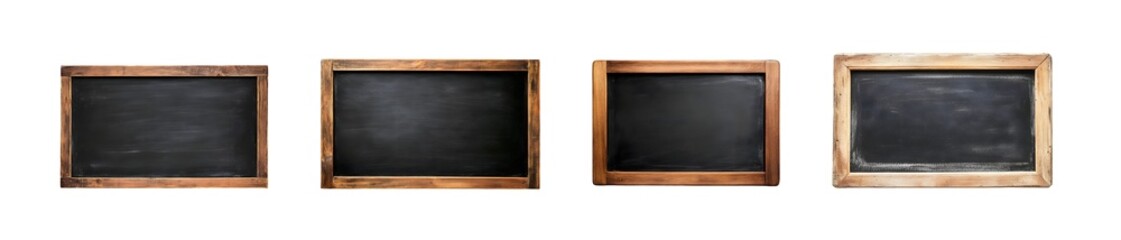 Multiple dark gray painted blackboards framed in light brown wood, set in a horizontal display.