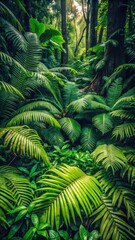 Dense foliage of tropical leaves on a forest floor with fallen branches and ferns