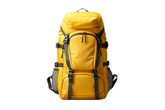 yellow tourist backpack on a transparent background. Generative AI