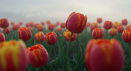 A vibrant field of tulips in a soft morning light.
