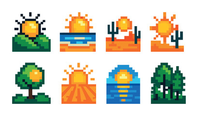 Naklejka premium Nature and weather pixel art icons set – landscape, climate, environmental symbols
