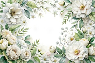 Aerial Photography White Floral Frame, Delicate Watercolor Flowers, Gray Leaves, Pure White Background, High-Resolution Image