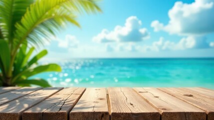 Fototapeta premium Serene Coastal View with a Wooden Deck, Perfect for Relaxation and Tropical Dreams