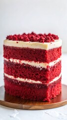 Moist red velvet cake with subtle texture and crumbly edges on a white background