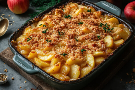 Baked macaro with apples and parise on a dish.