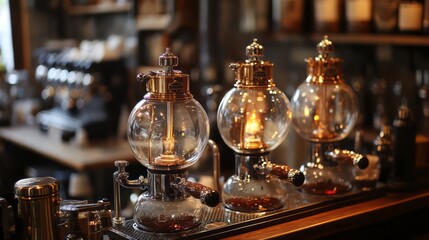 Three stylish coffee brewing apparatuses in a shop.