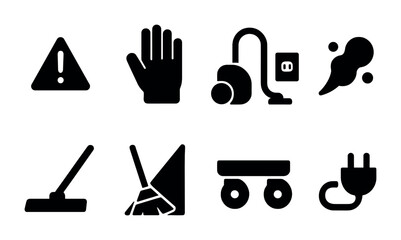 Cleaning and safety solid icons set – filled, household and warning symbols