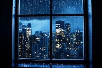 Rainy Night Cityscape View - A captivating view of a city skyline at night, seen through a rain-streaked window. City lights twinkle against a dark, stormy sky