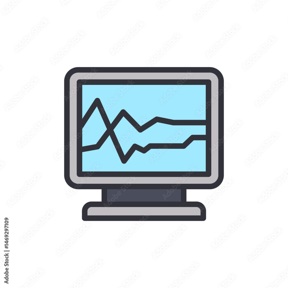Poster computer monitor displaying real time graph analysis and data fluctuations