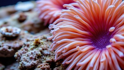 Fototapeta premium Close-Up of Vibrant Pink Sea Anemone Emphasizing Textures and Details in an Underwater Environment