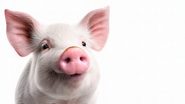 Cheerful Isolated Pig with Adorable Face on White Background