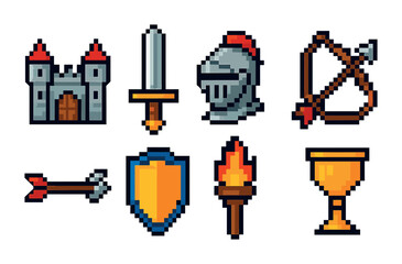 Obraz premium Medieval pixel art icons set – knight, castle, weaponry designs