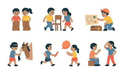 Kids outdoor activities flat icons set – playful, fun, childhood symbols